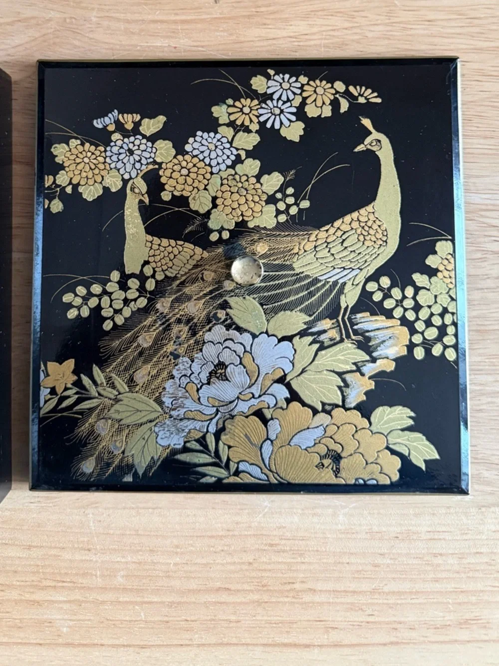 Vintage Otagiri Japan Black Lacquer Peacock Trinket Box with Etched Clear Tray